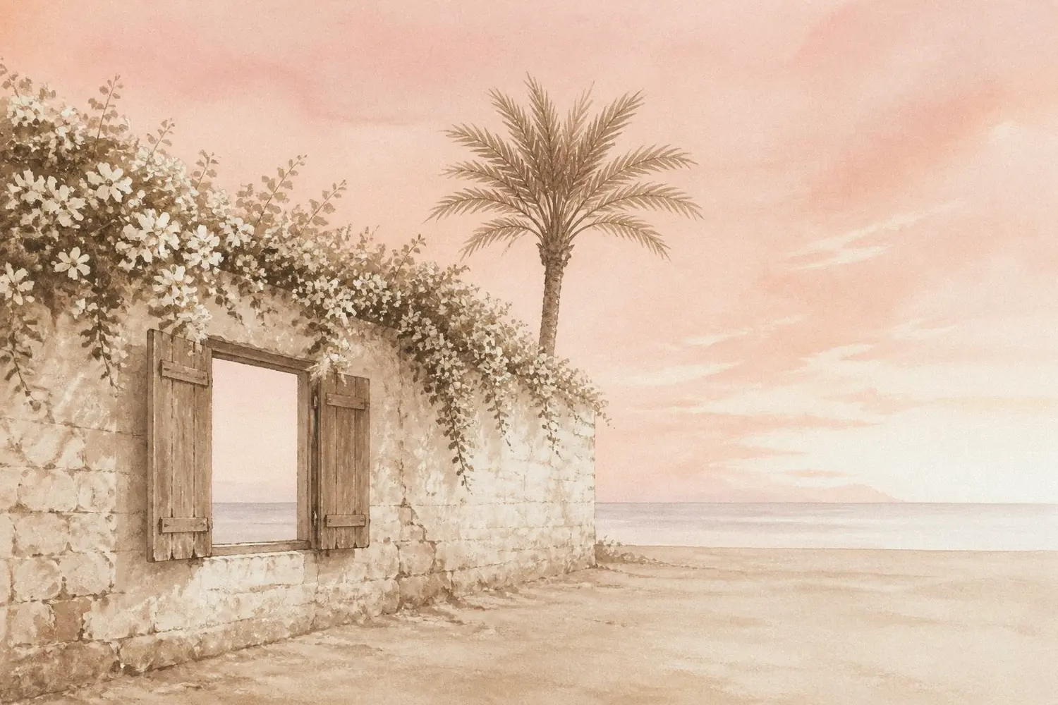 Painted postcard: dawn, a whitewashed wall with jasmine, open shutters and a pale sea