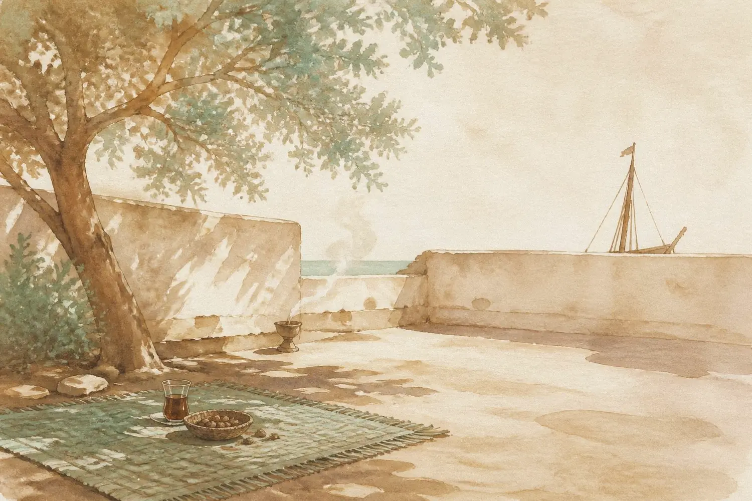 Painted postcard: an afternoon courtyard in shade, a woven mat, a glass of tea and hazelnuts
