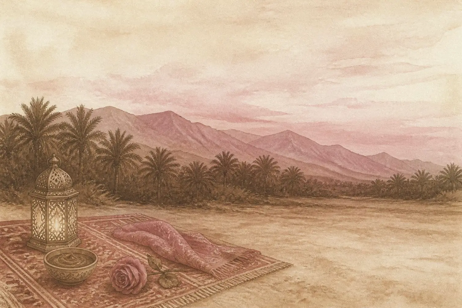 Painted postcard: dusk over mountains and a palm grove, a lit brass lantern on a carpet, a bowl of henna